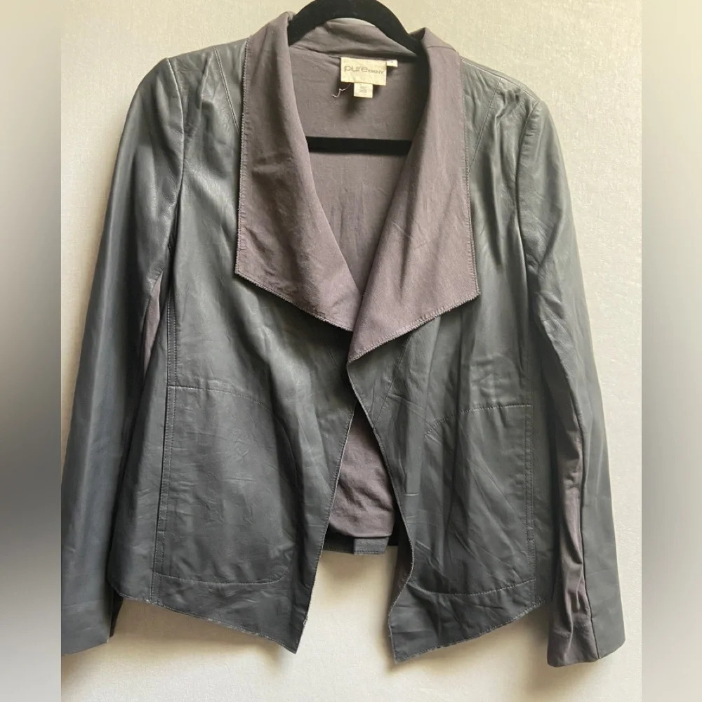 PURE DKNY 100% Soft Lamb Leather Open Front Drape Collar Jacket Gray S